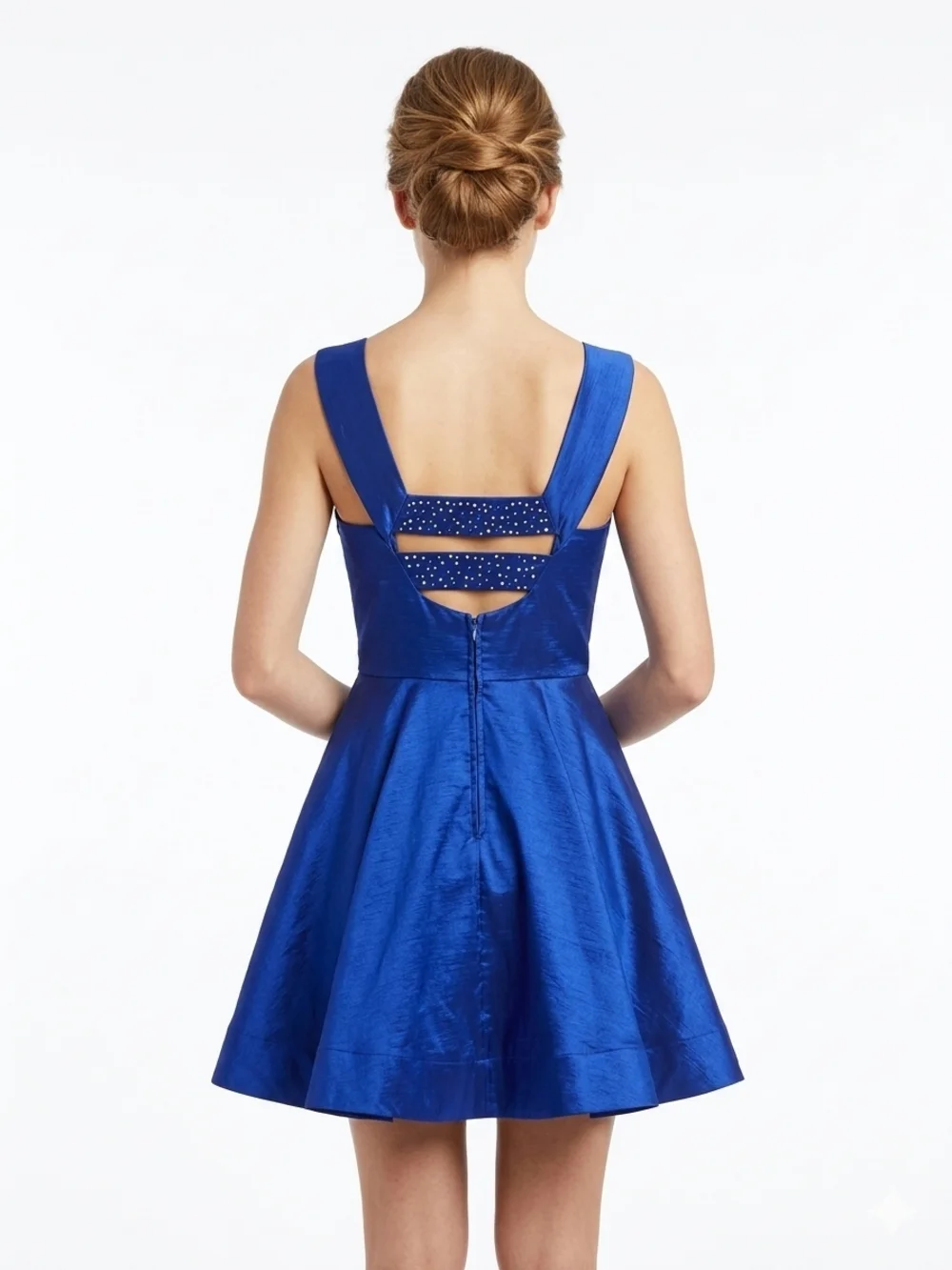 Midnight Doll Royal Blue Iridescent Fit & Flare Mini Dress Rhinestone Back Jr. 7 - Picture 2 of 13